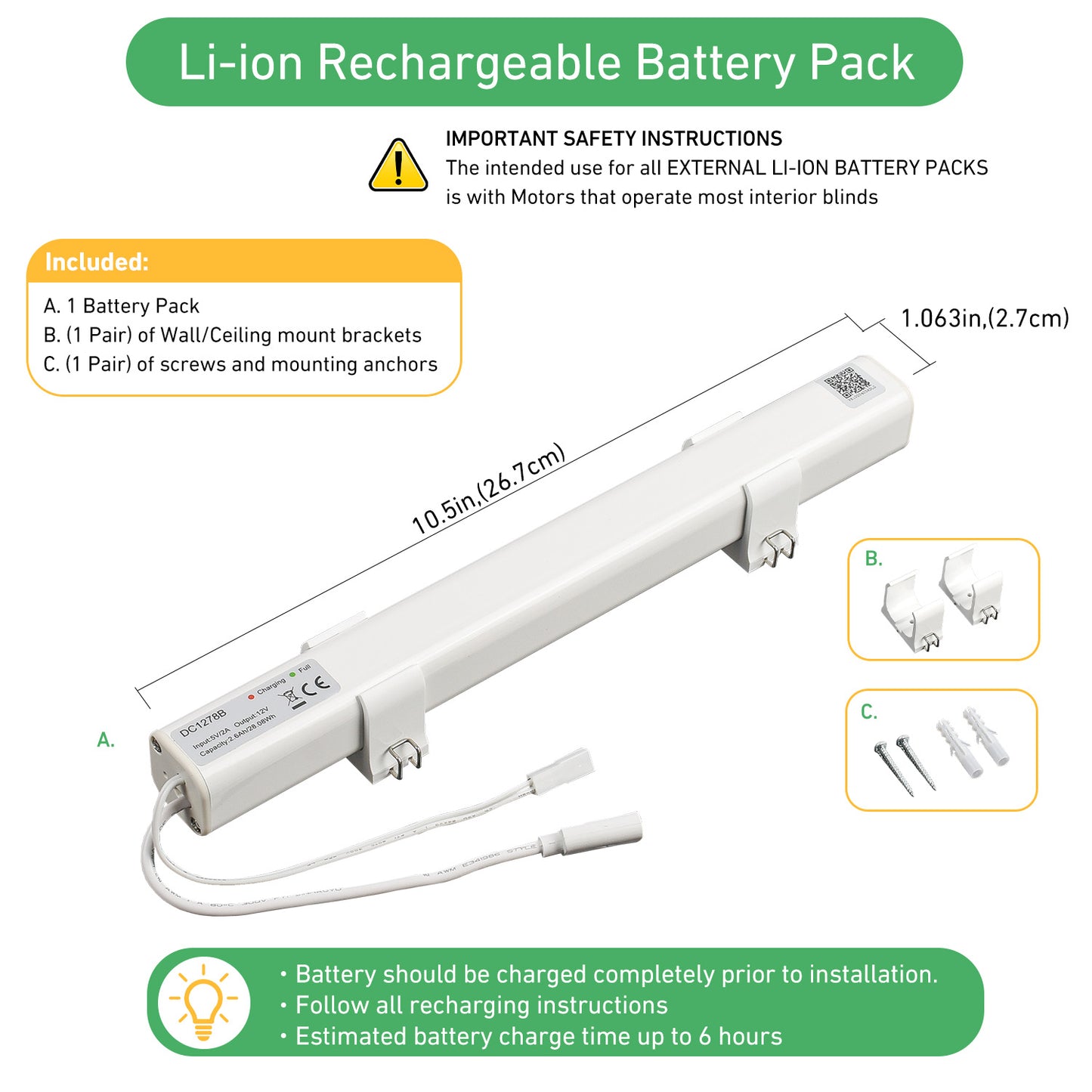 DC1278B 12V Rechargeable Battery for Motorized Blinds/Shades, 2-Pin JST Connector, Wall Mount Included