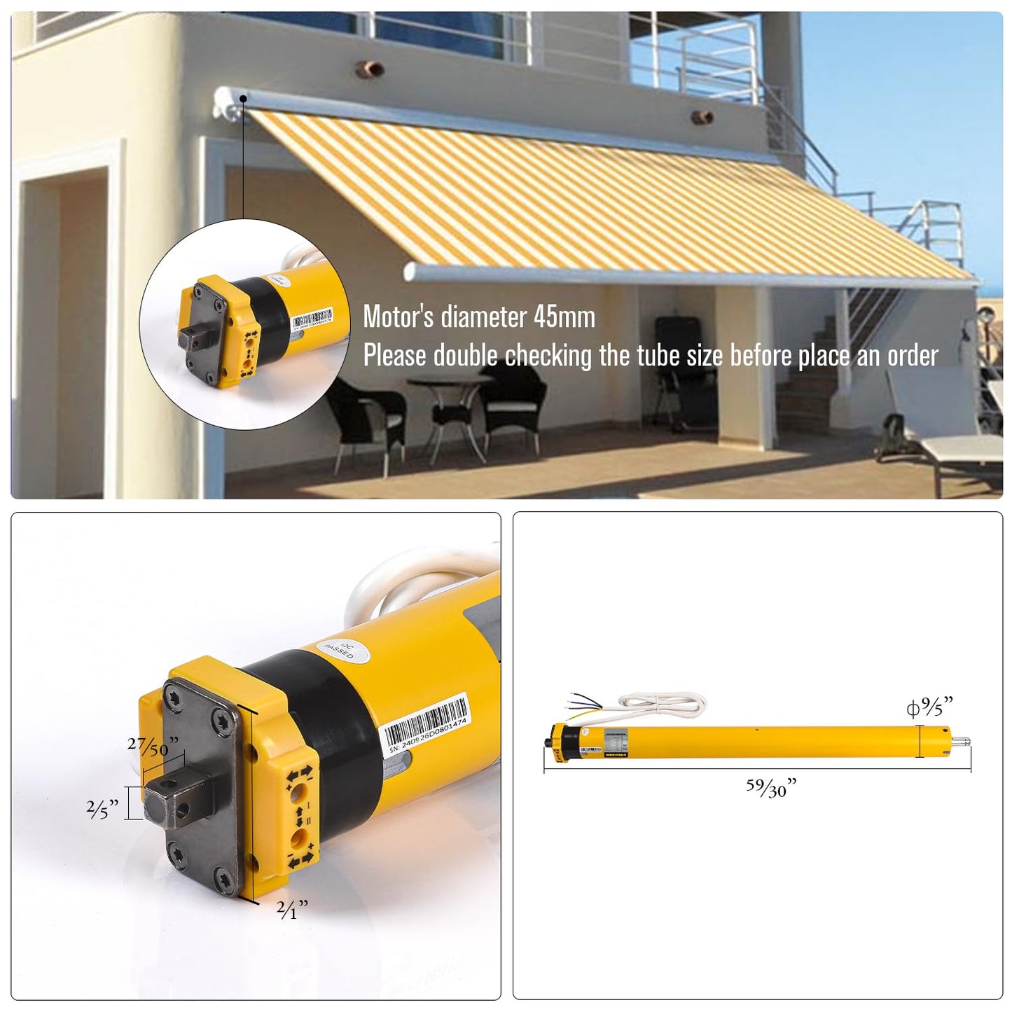 AM45-50/12-XP 110V Awning Motor - High-torque, quiet replacement motor for patio blinds & motorized shades.
