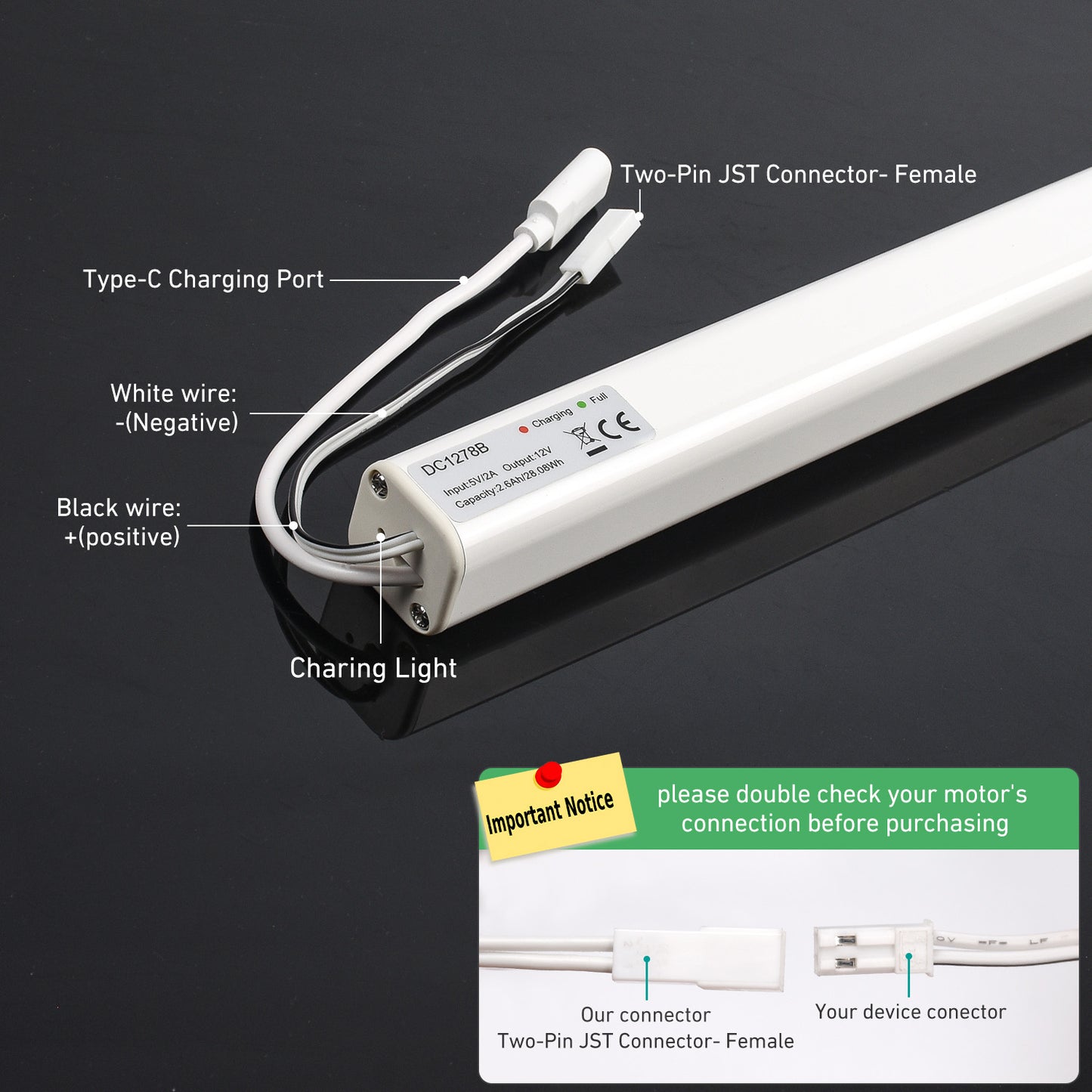 DC1278B 12V Rechargeable Battery for Motorized Blinds/Shades, 2-Pin JST Connector, Wall Mount Included