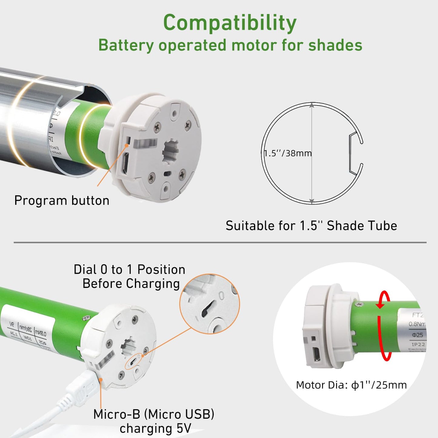 38mm Rechargeable Roller Shade Motor Kit for 1.5" Tube - DIY Motorized Blinds with Controller