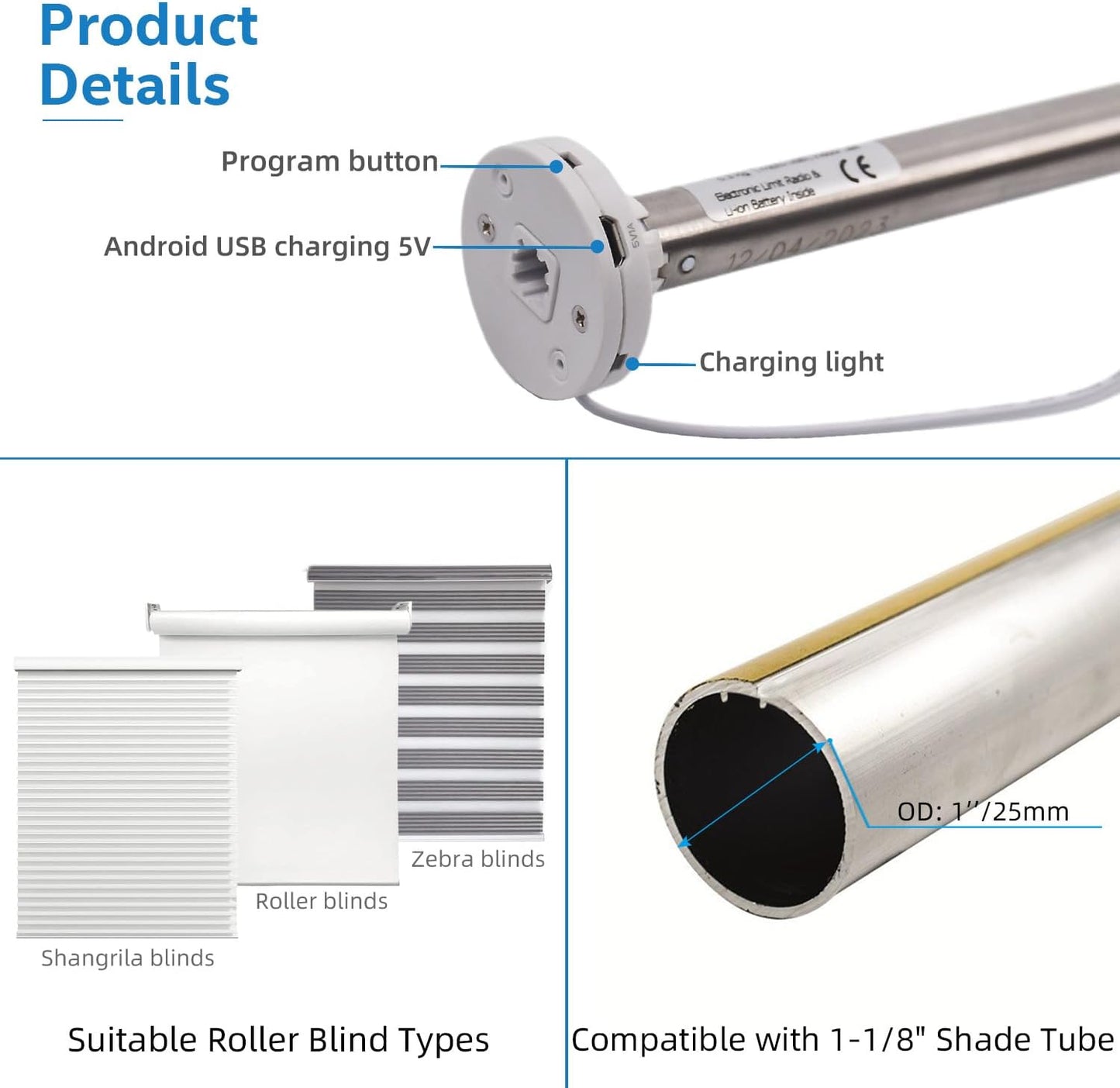 15LEU Rechargeable Roller Shade Motor for 17/25/28mm Tube, Blinds Motor Automatic Curtain Opener with USB Charging Port, Blinds Controller, Mounting Bracket Included