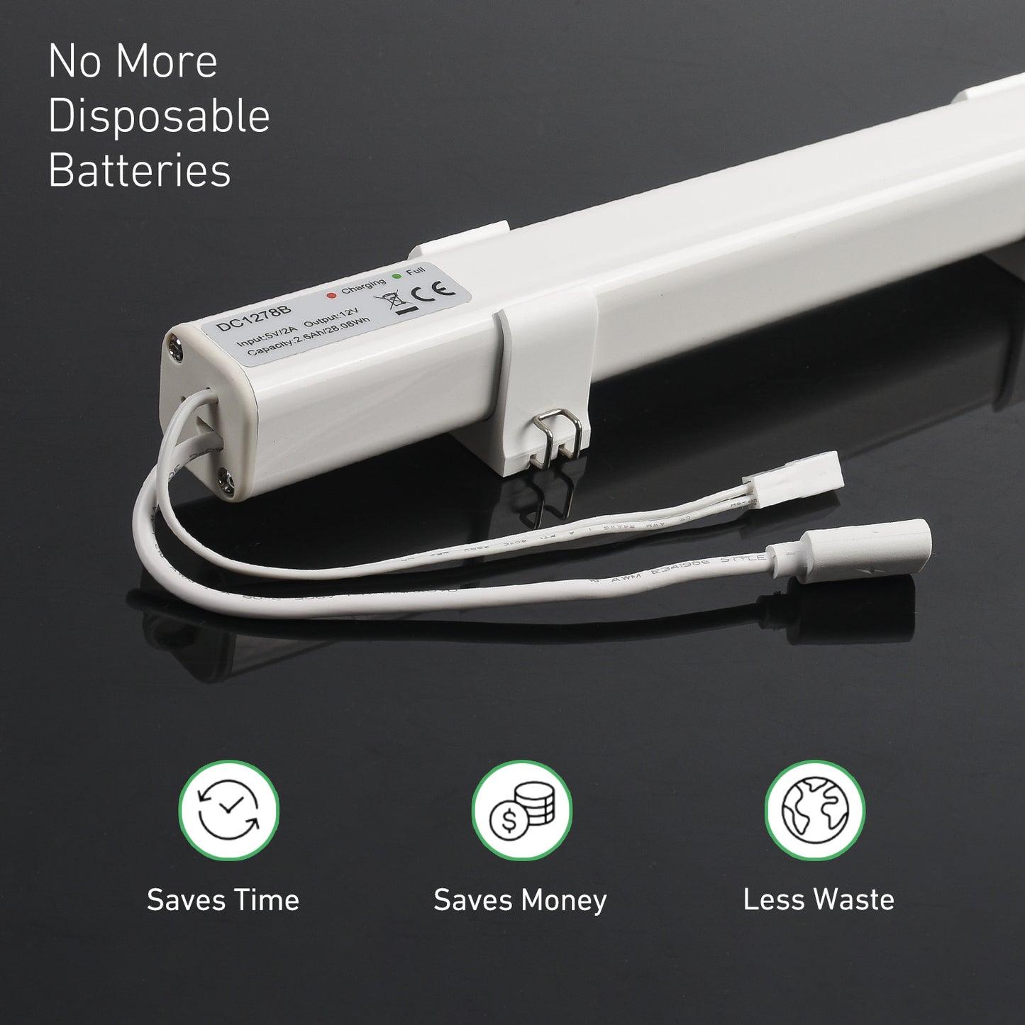 DC1278B 12V Rechargeable Battery for Motorized Blinds/Shades, 2-Pin JST Connector, Wall Mount Included