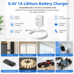 8.4V 1A Lithium Charger, 5.5x2.1mm DC Plug for 7.4V 2S Li‑ion Battery Pack