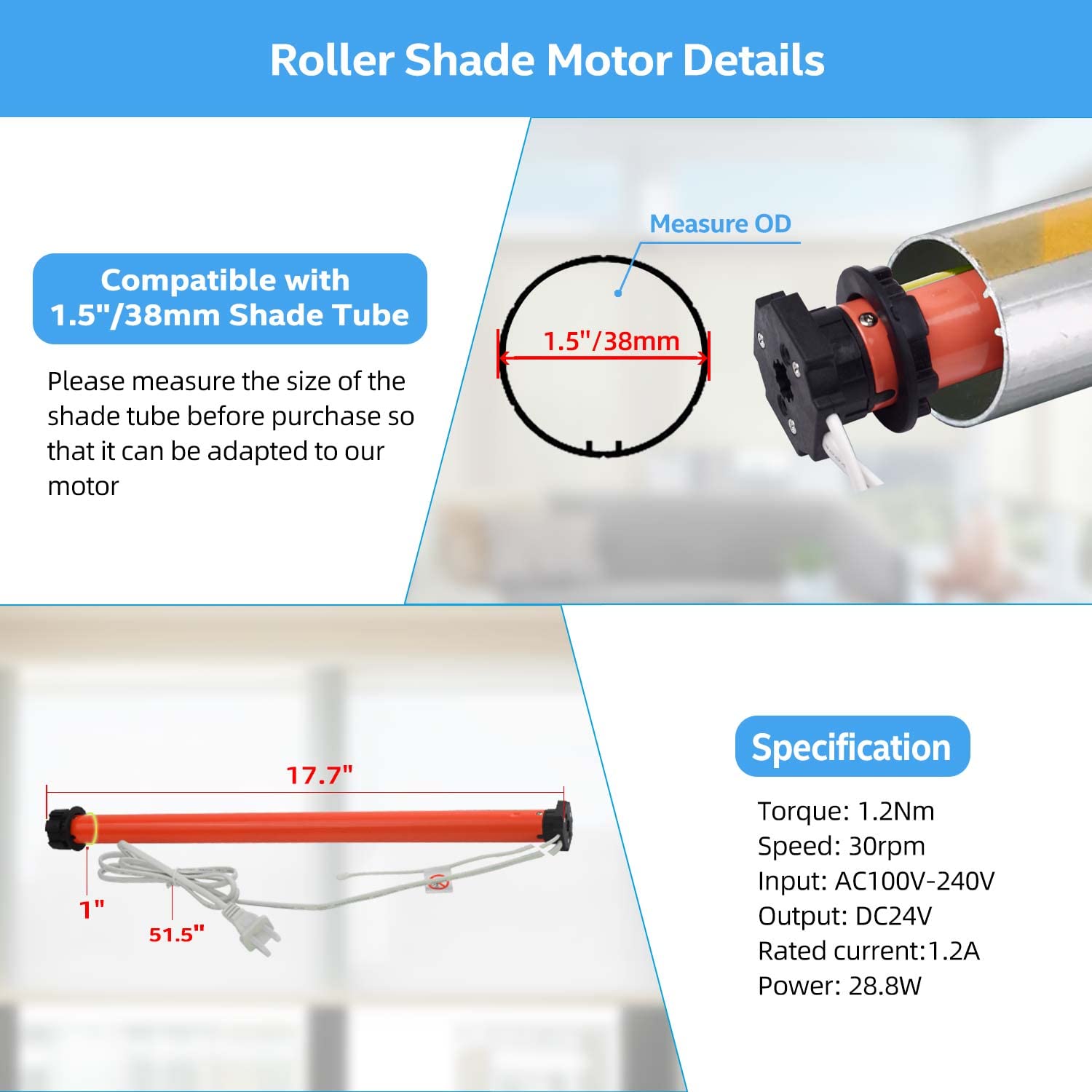 110V-240V AC Wired Shade Motor - Hardwire/Plug-in Electric Motor for Roller Shades, Blinds & Drapes