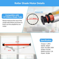 110V-240V AC Wired Shade Motor - Hardwire/Plug-in Electric Motor for Roller Shades, Blinds & Drapes