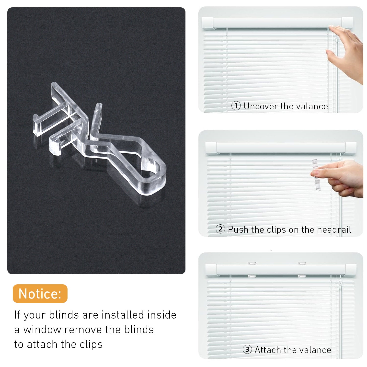 2" Clear Hidden Valance Clips (4-Pack) - Invisible Plastic Brackets for Blinds & Shades - Universal Fit for Wood, Faux Wood, Aluminum