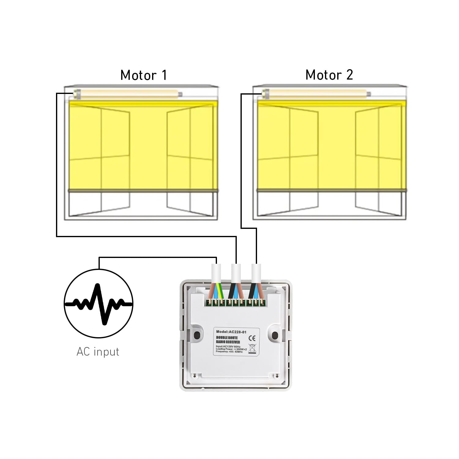 AC228-01 24V Motor Switch Controller - Crystal style dual-route radio receiver & wall switch for roller blinds/shades