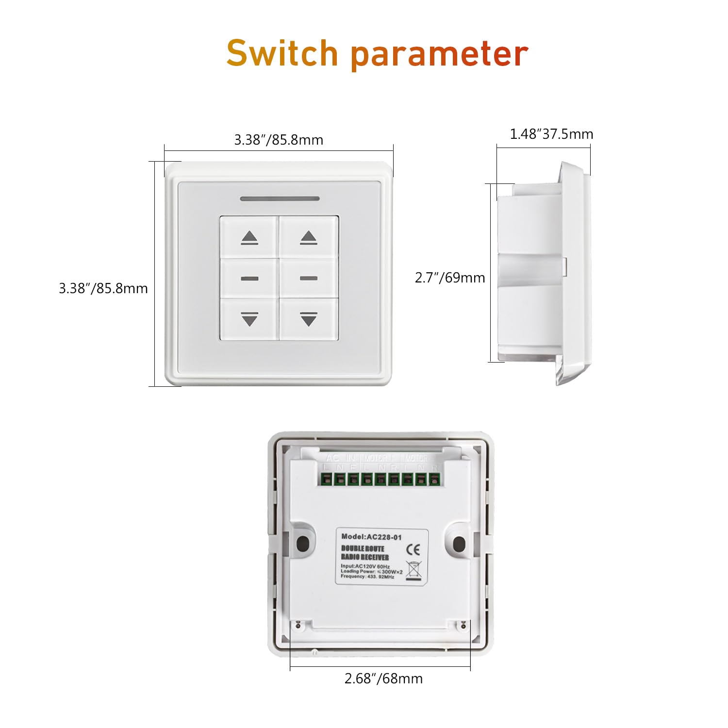AC228-01 24V Motor Switch Controller - Crystal style dual-route radio receiver & wall switch for roller blinds/shades
