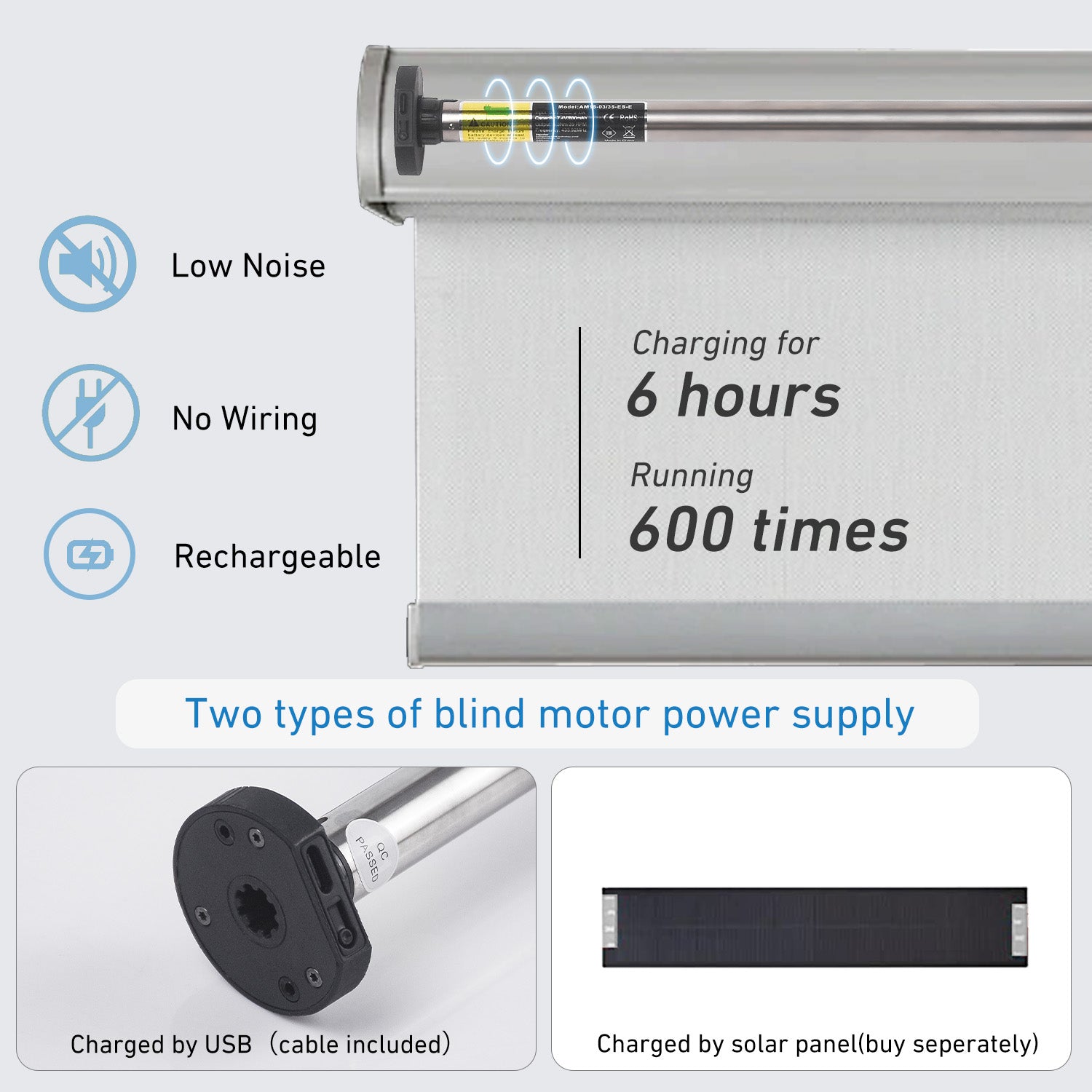 Smart Rechargeable AM15 Tubular Motor for Roller Blinds 18mm 25mm 28mm Adjustable Rubber Crown Compatible with Coolaroo 28mm Tube