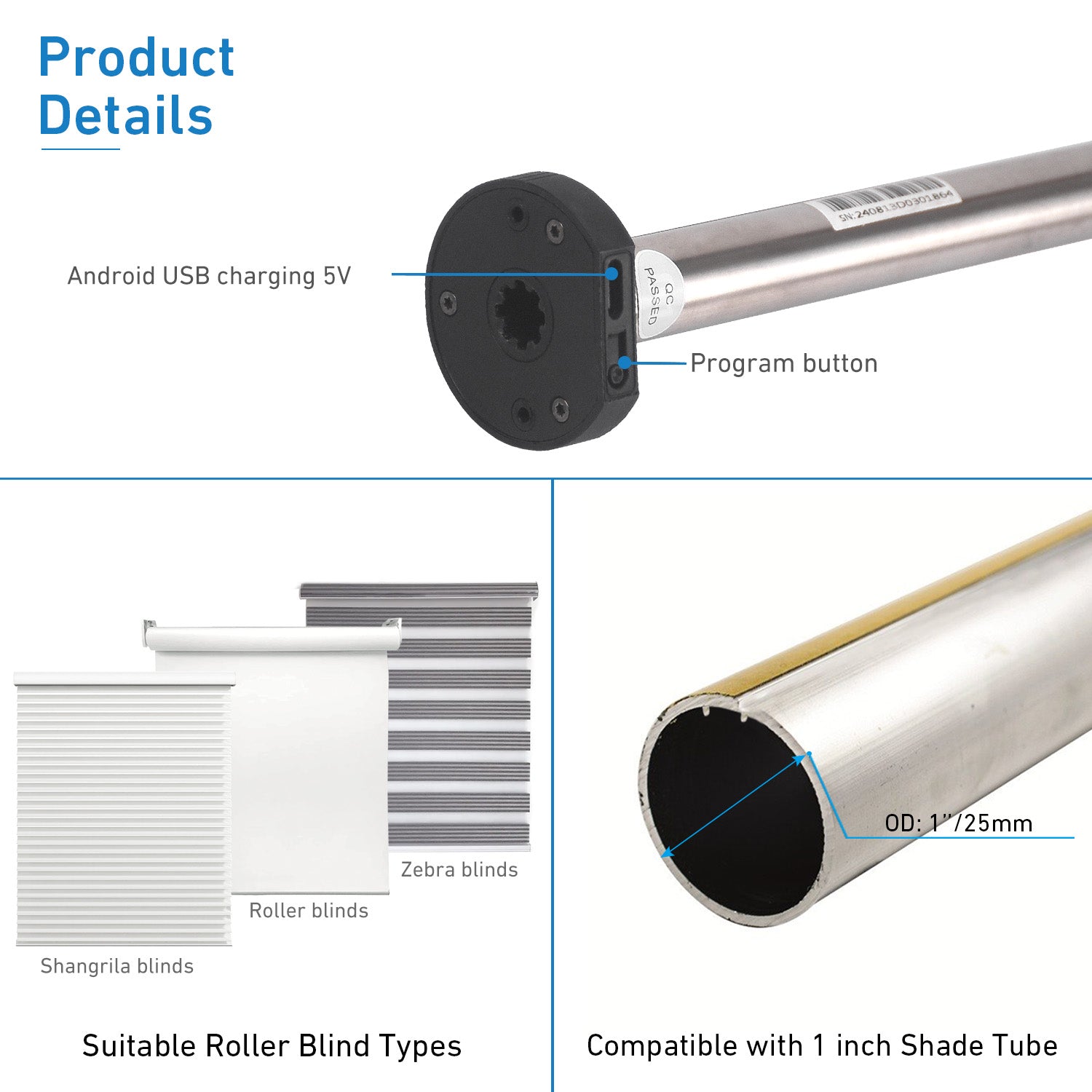 Smart Rechargeable AM15 Tubular Motor for Roller Blinds 18mm 25mm 28mm Adjustable Rubber Crown Compatible with Coolaroo 28mm Tube