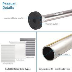 Smart Rechargeable AM15 Tubular Motor for Roller Blinds 18mm 25mm 28mm Adjustable Rubber Crown Compatible with Coolaroo 28mm Tube