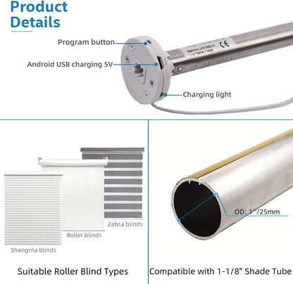 15LEU Rechargeable Roller Shade Motor for 17/25/28mm Tube, Blinds Motor Automatic Curtain Opener with USB Charging Port, Blinds Controller, Mounting Bracket Included