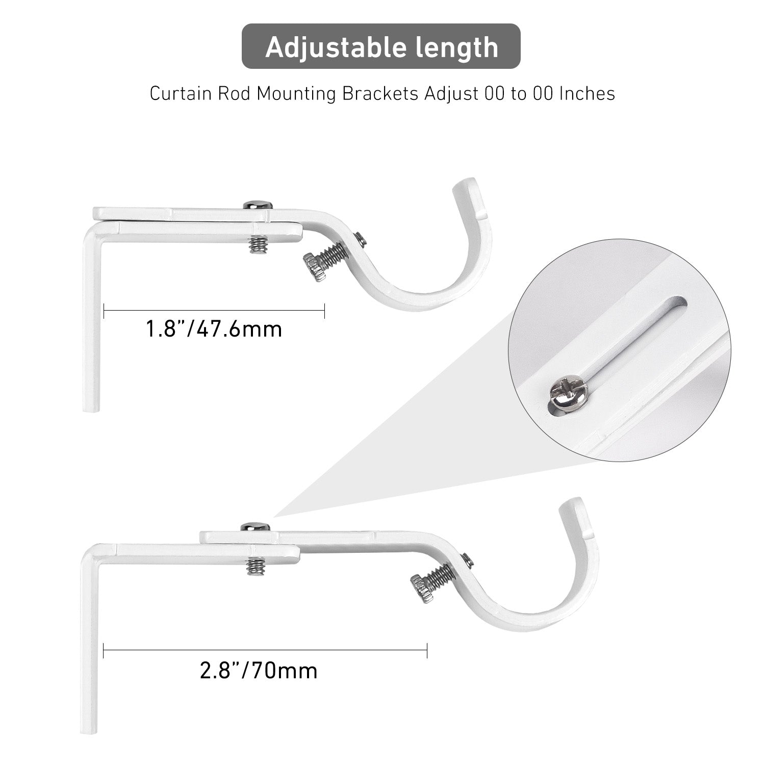 Adjustable Metal Curtain Rod Bracket - 1" Projection - Heavy Duty Single Rod Holder - Set of 2 Wall Mount Brackets - Fits Rods 0.5" to 1.25" Diameter - White