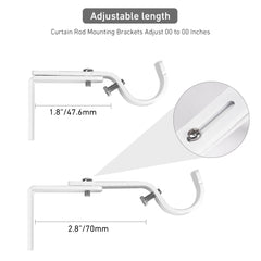 Adjustable Metal Curtain Rod Bracket - 1" Projection - Heavy Duty Single Rod Holder - Set of 2 Wall Mount Brackets - Fits Rods 0.5" to 1.25" Diameter - White