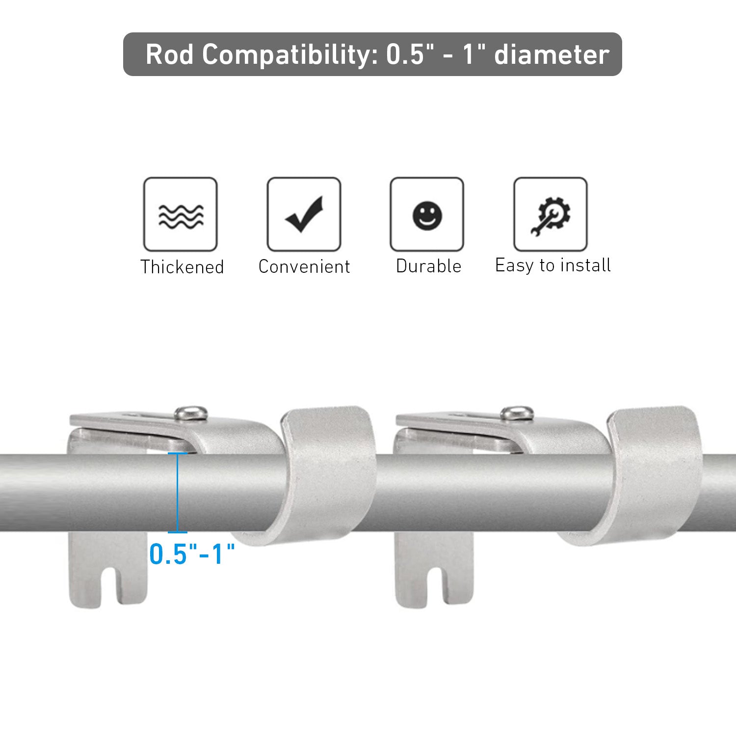 Adjustable Metal Curtain Rod Bracket - 1" Projection - Heavy Duty Single Rod Holder - Set of 2 Wall Mount Brackets - Fits Rods 0.5" to 1.25" Diameter - White