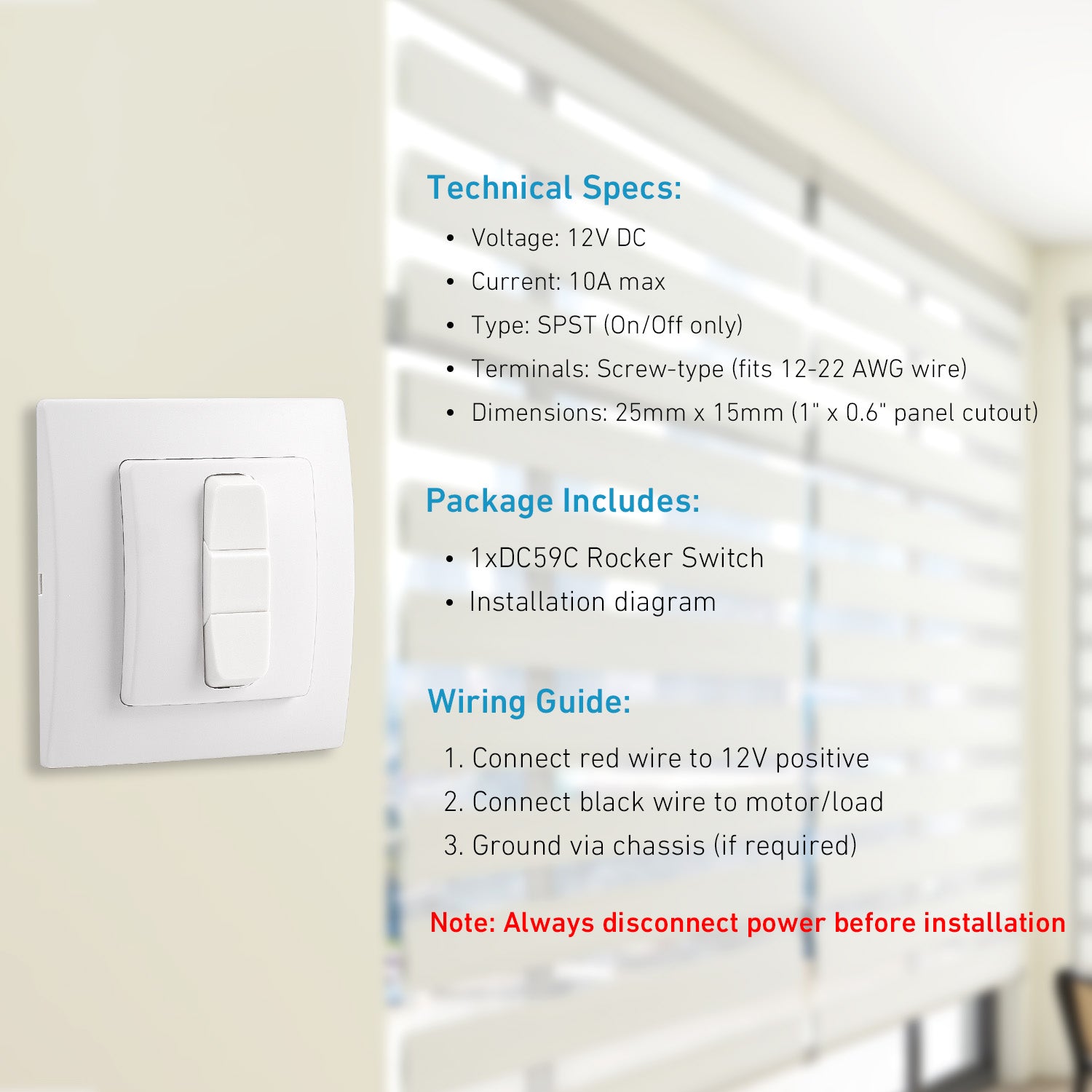 Manual Rocker Switch 12V - DC59C Single Pole On/Off Control - Compatible with RV Blinds, Boats & 12V Accessories
