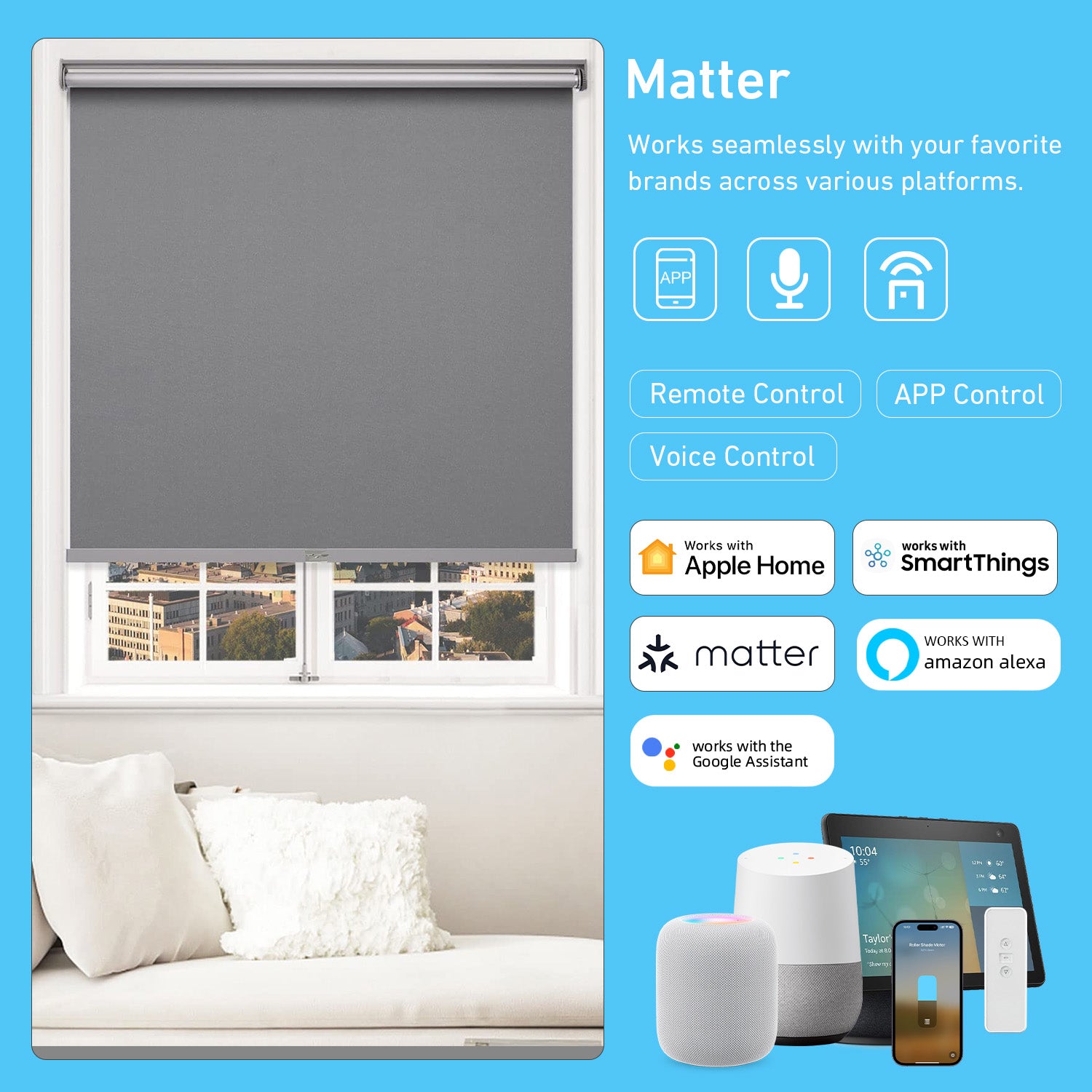 Matter Smart Blinds Motor Kit for 1.5" Shade Tube, Rechargeable Roller Shade Motor, Work With Home Assistant, Alexa, HomeKit