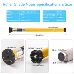 Matter Smart Blinds Motor Kit for 1.5" Shade Tube, Rechargeable Roller Shade Motor, Work With Home Assistant, Alexa, HomeKit