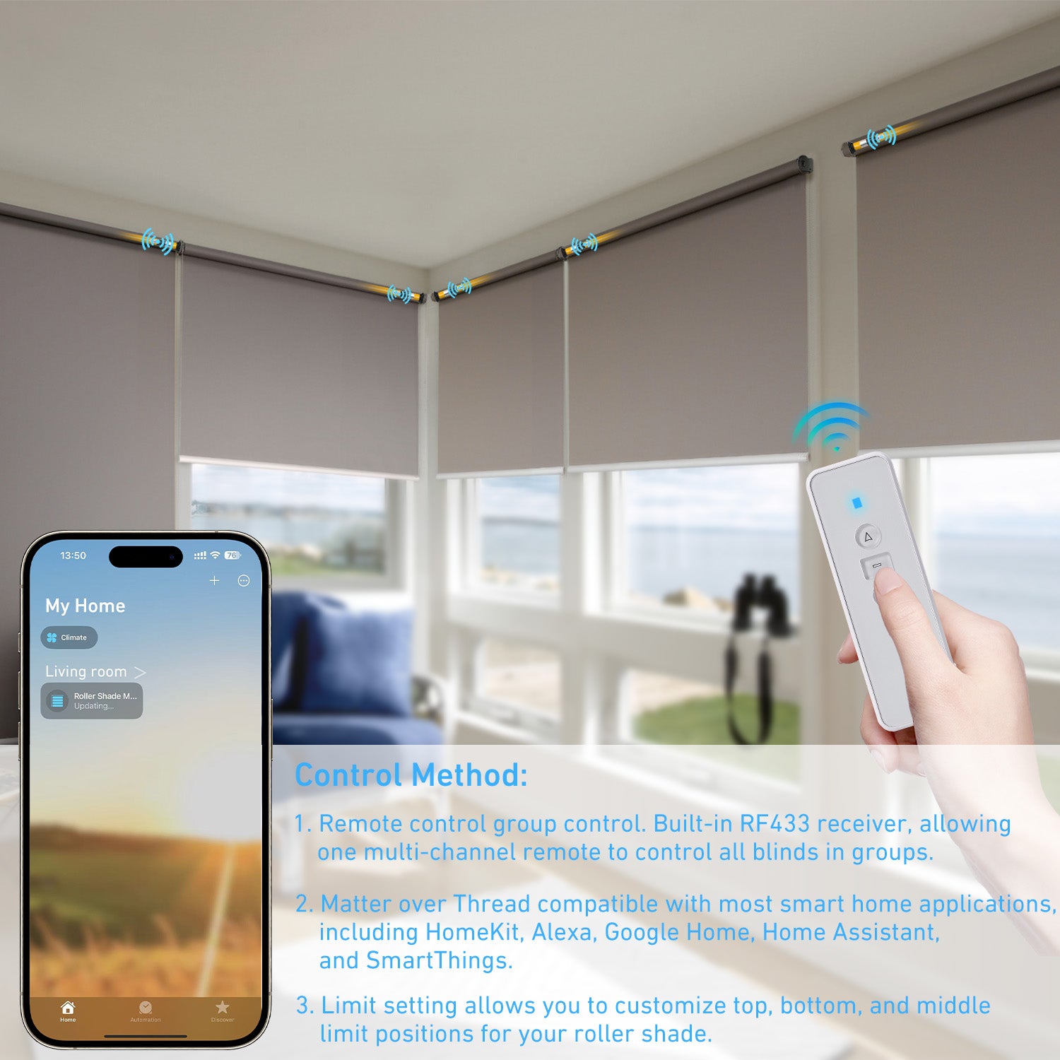 Matter Smart Blinds Motor Kit for 1.5" Shade Tube, Rechargeable Roller Shade Motor, Work With Home Assistant, Alexa, HomeKit