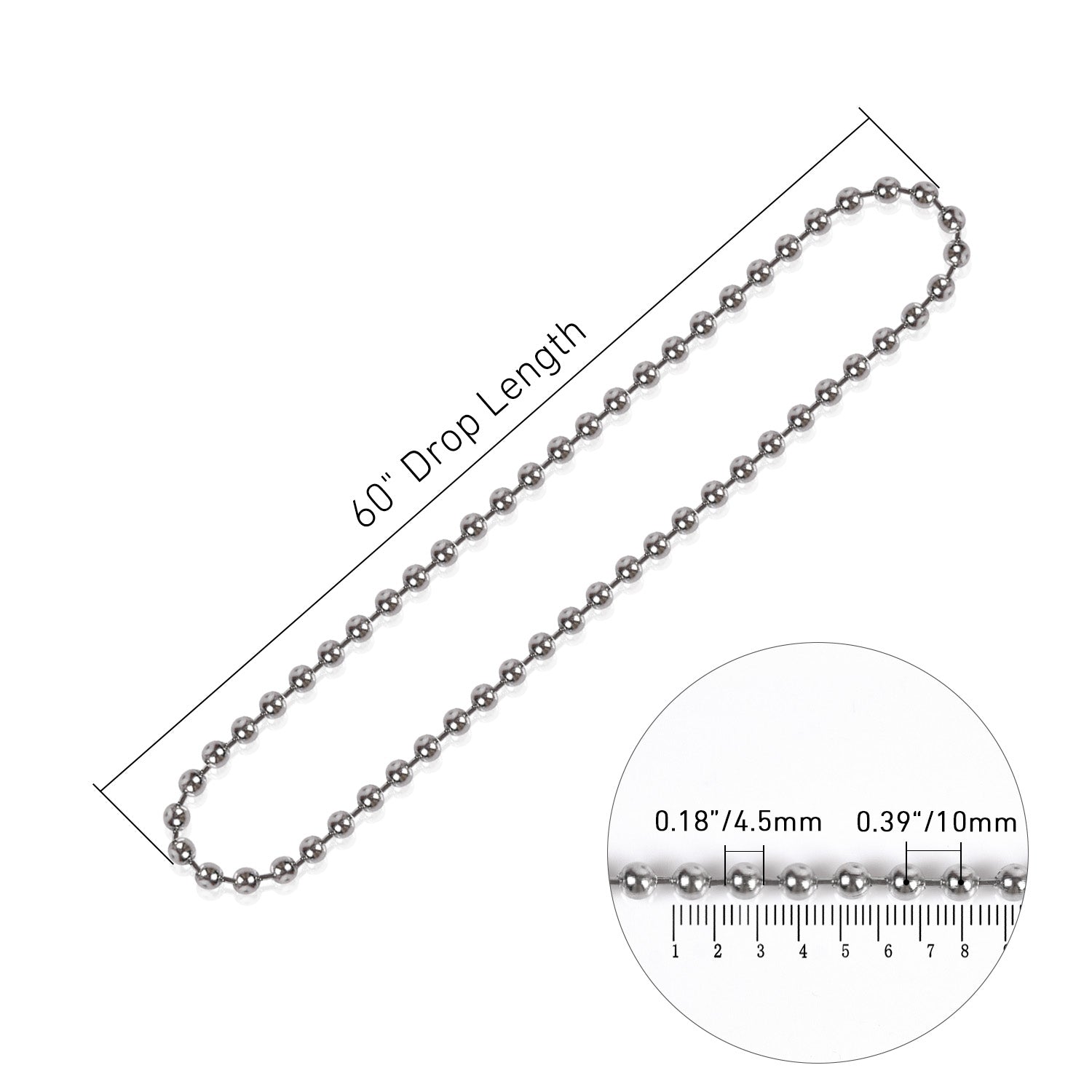 60 in. (5ft.) Drop Length Continuous Chain Loop - #10 4.5mm - Metal Bead Chain for Clutch Roller Window Shade