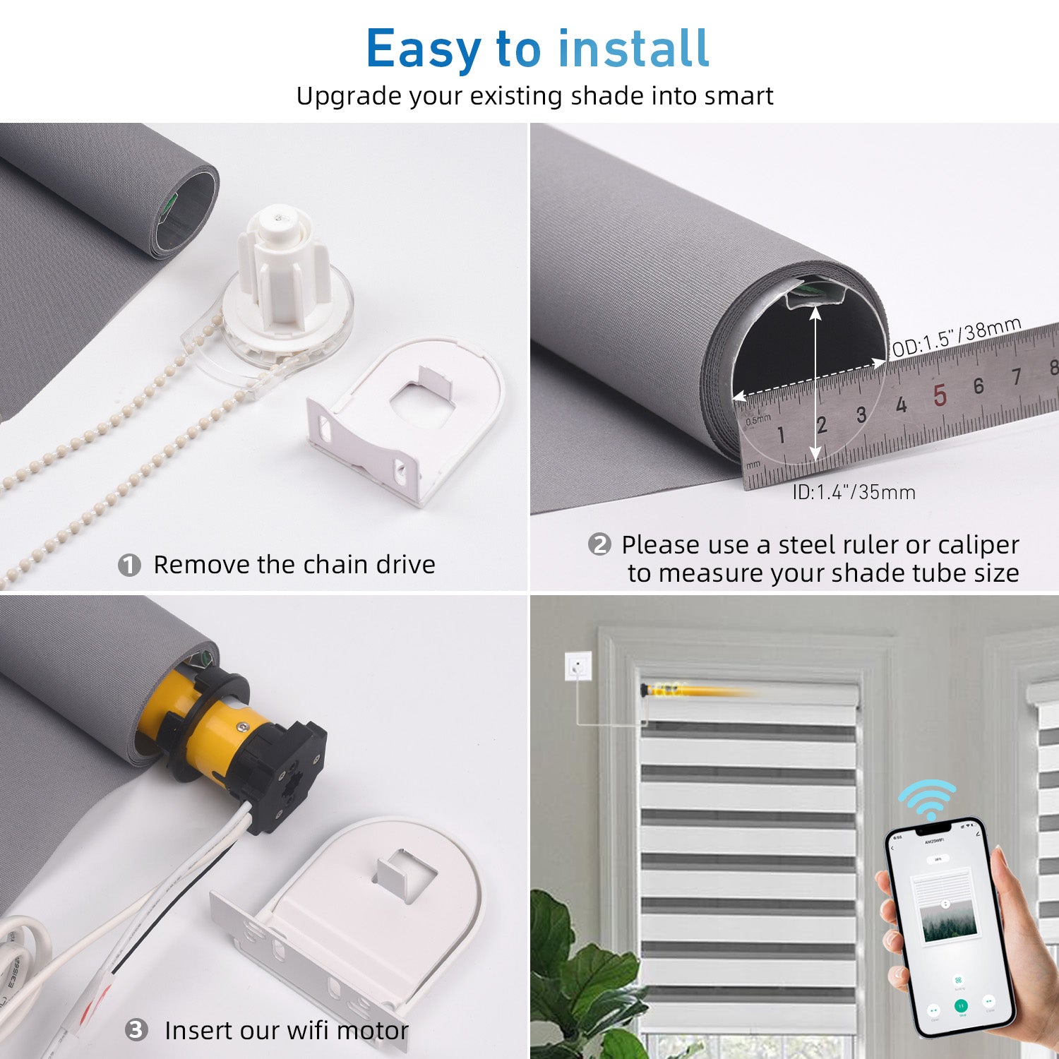 WiFi Smart Blinds Motor, 110V/120V for 1.5'' tubes. App, voice & RF control, no hub needed