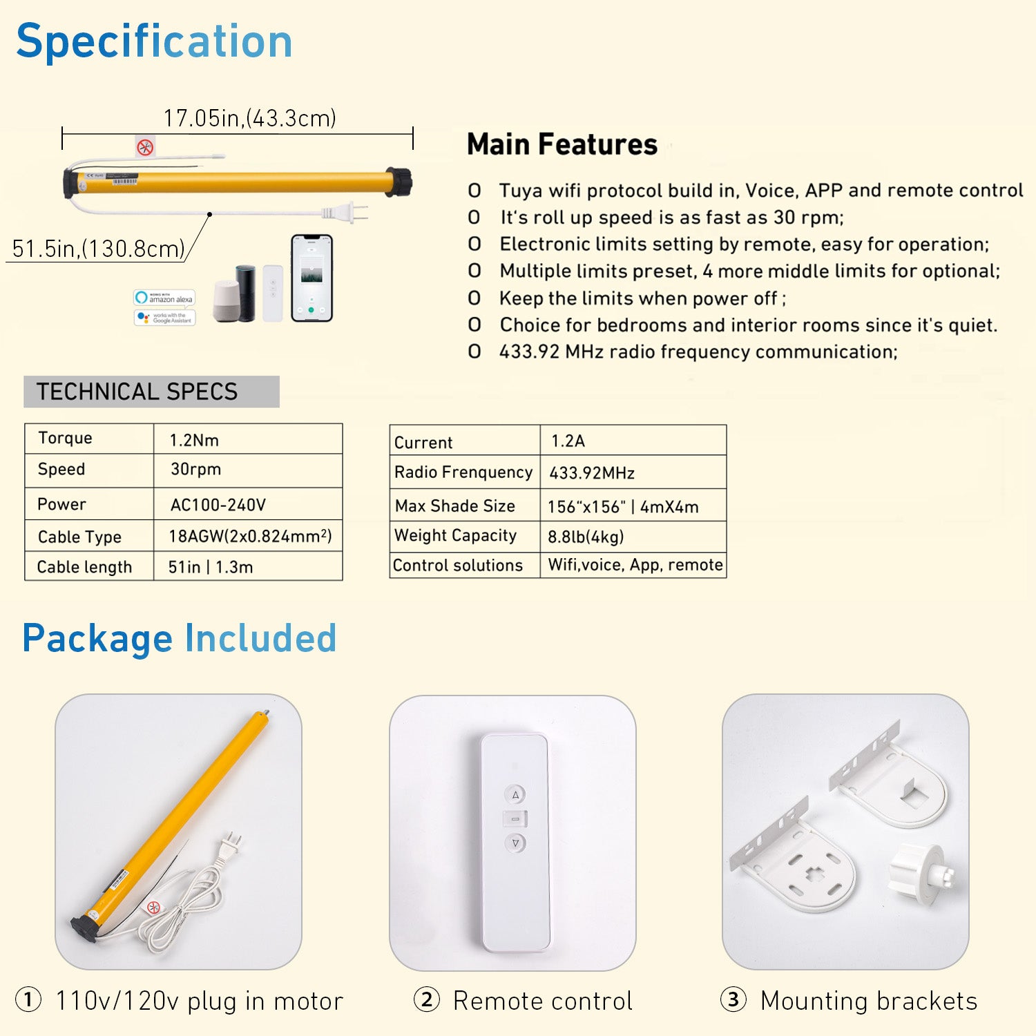 WiFi Smart Blinds Motor, 110V/120V for 1.5'' tubes. App, voice & RF control, no hub needed