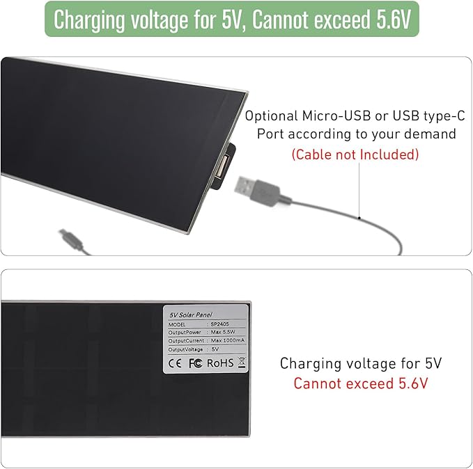 Solar Charging Panel USB 2.0, 5V 5W for Motorized Blinds - Compatible with Battery Tubular Motors