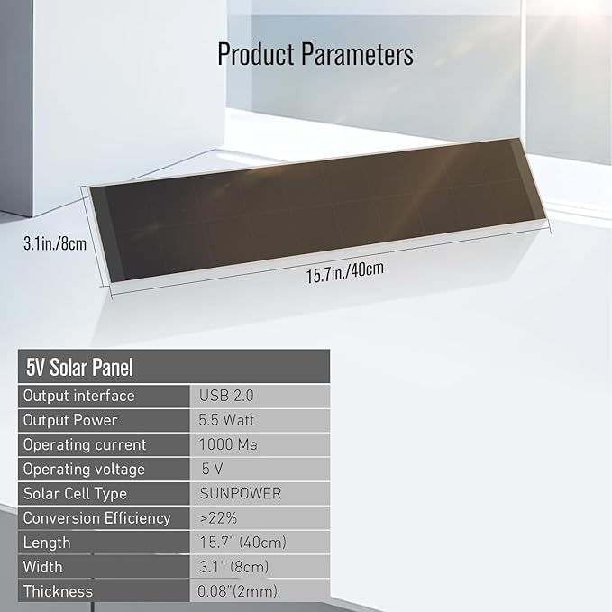 Solar Charging Panel USB 2.0, 5V 5W for Motorized Blinds - Compatible with Battery Tubular Motors
