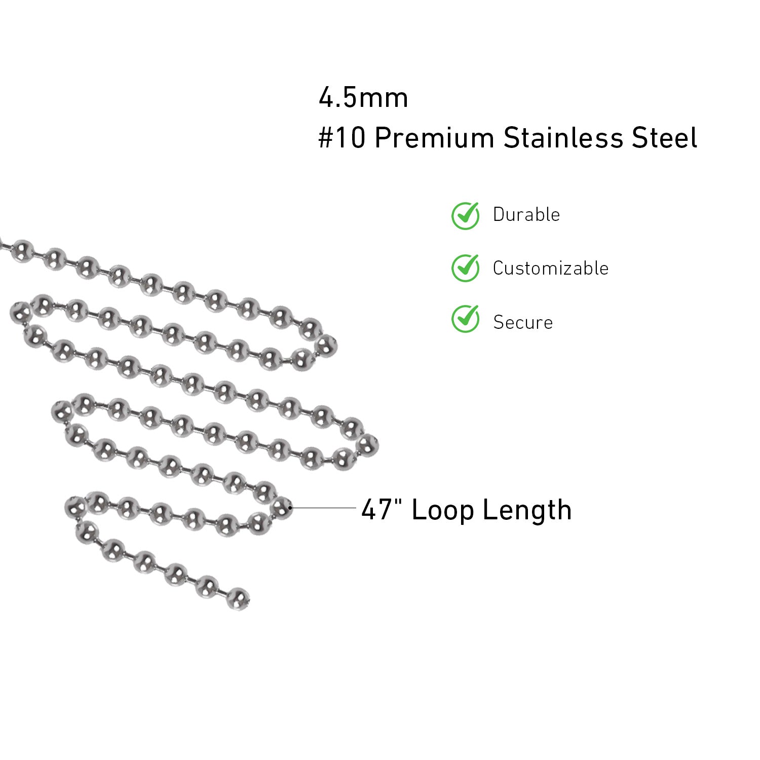 #10  Stainless Steel Bead Chain for Blinds - 1.2M (47inch) Replacement Chain for Roller Shades & Vertical Blinds - Includes 3 Metal Connectors - Rust-Resistant & Durable