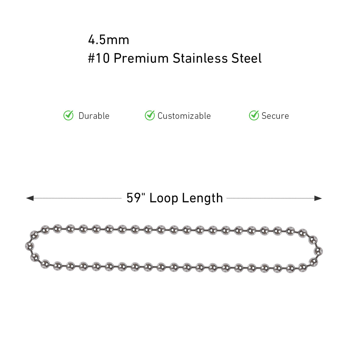 #10 Stainless Steel Bead Chain for Roller Shades & Vertical Blinds - 1.5 Meter Length (59 inch) - Includes 3 Metal Connectors