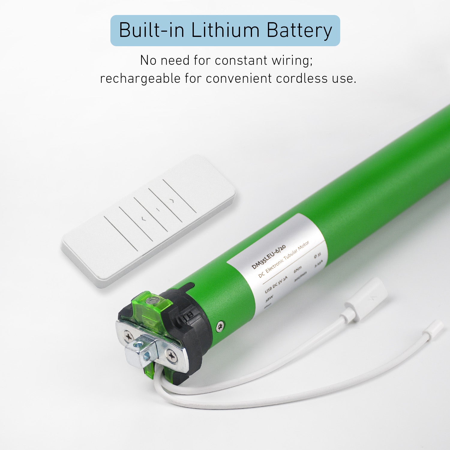 DM35LEU-6/20 DC 12V Tubular Motor for Roller Blinds – Rechargeable Lithium Battery, Wireless Remote Control, Quiet Electric Shade Motor Compatible with Alexa/Google Home, DIY Installation