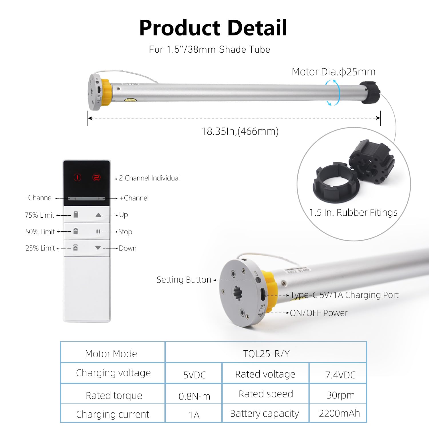 ZigBee Rechargeable Motor Alexa Directly Connect, No HUB Required, Zigbee Roller Shades/Blinds Motor for 1.5" Roller Shade Tube