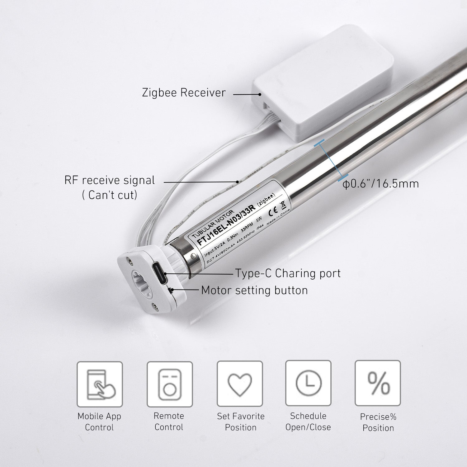 ZigBee Smart Blind Motor, built-in battery, fits 17/25/28mm tubes, app/voice/remote control