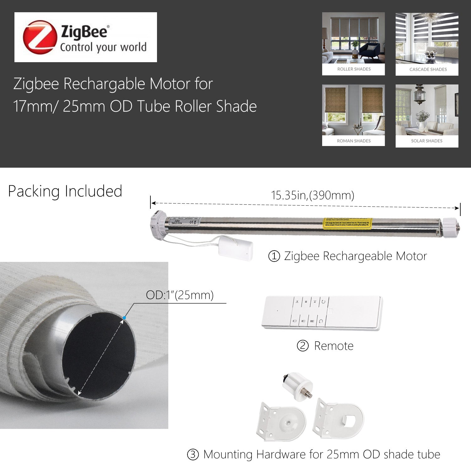Tuya Alexa Google Home Compatible Zigbee Roller Shade Motor – 17/25/28mm Tube Smart Blinds Motor