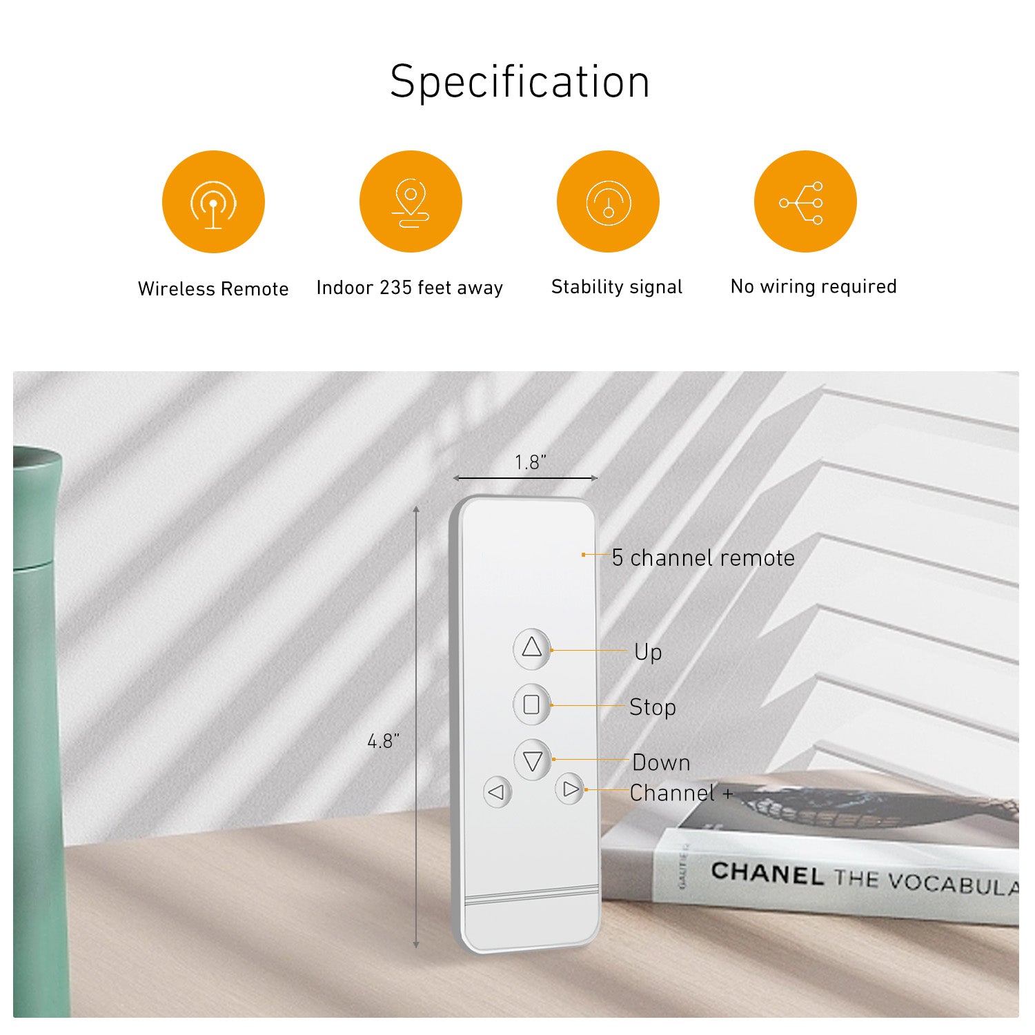 RF 433.92 Remote Control for Windows Motorized Shades and Blinds, 5 Channel Transmitter, White