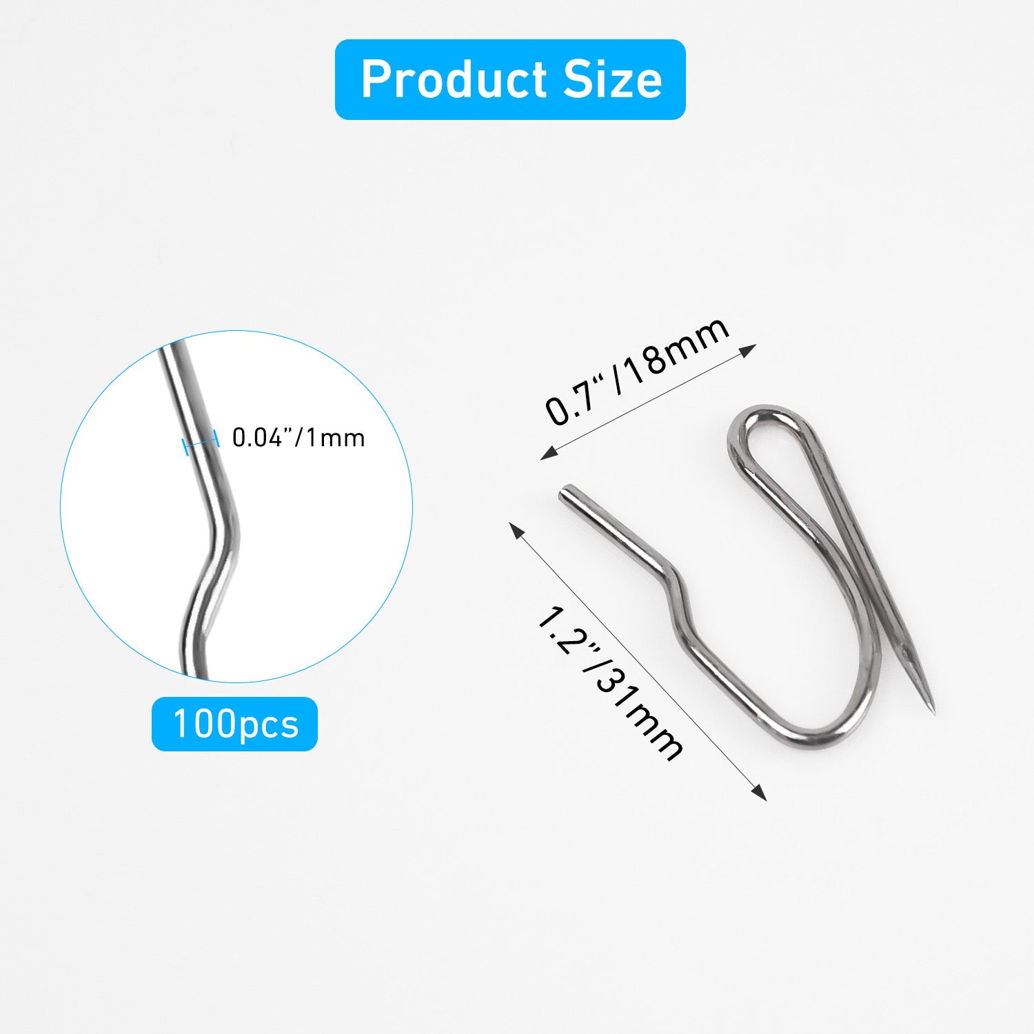 Stainless Steel Curtain Hooks - Rustproof Silver Hooks for Door/Shower/Window Curtains-100Pcs (Silver)