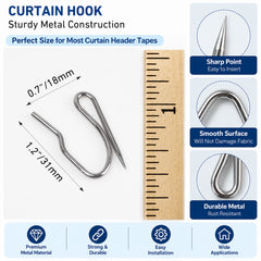 100 Pack Curtain Hooks, Stainless Steel Pin-On Drapery Hooks for Curtains