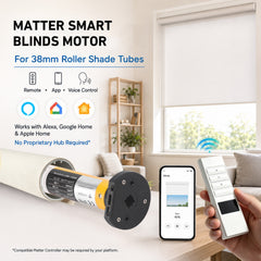 Matter Smart Blinds Motor for 38mm Tubes, Rechargeable with Remote