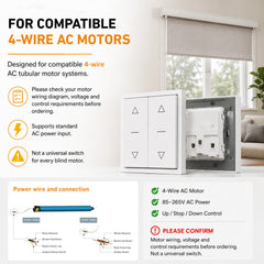 4‑Wire Motorized Blind Wall Switch for AC Tubular Motors, Open Stop Close