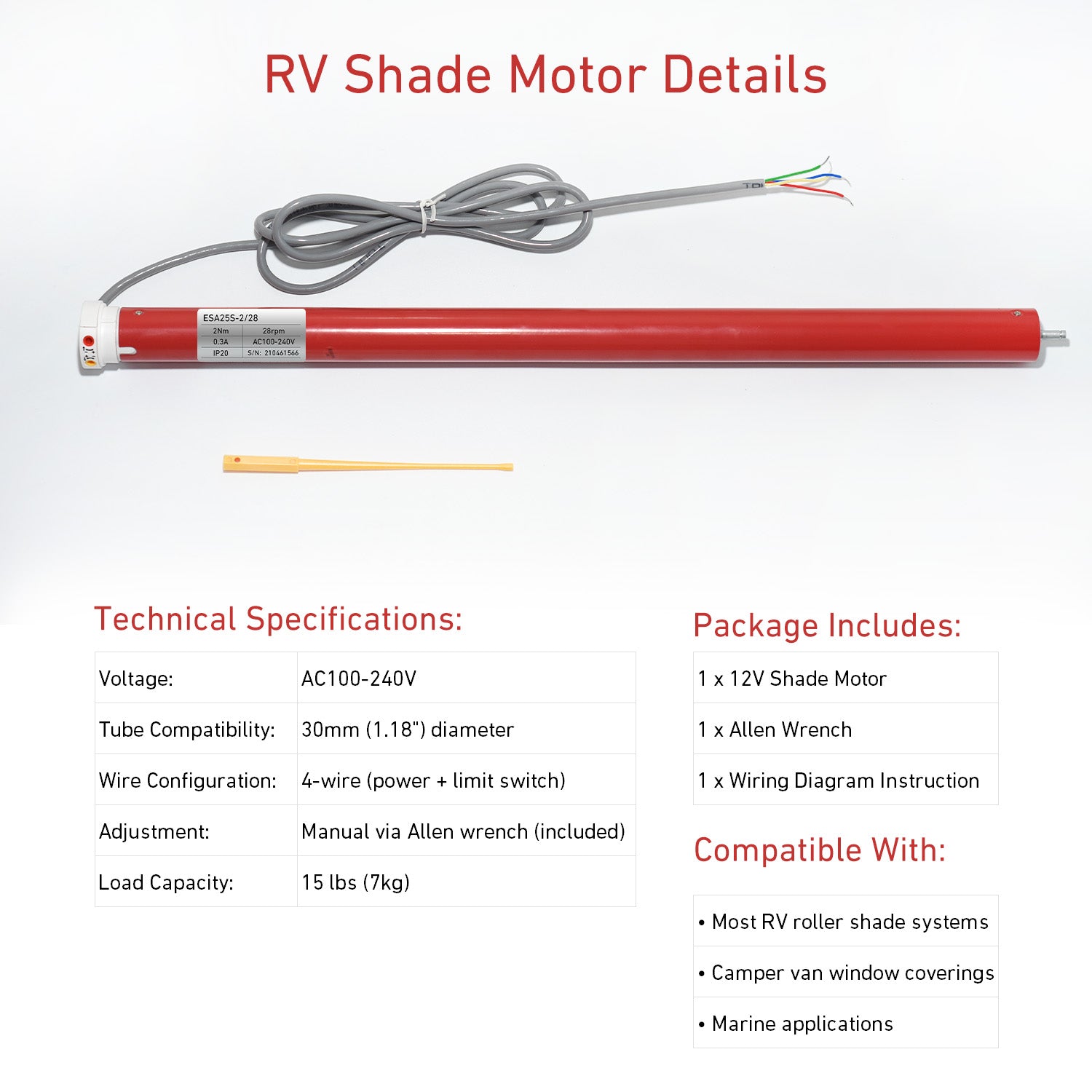 12V DC RV Shade Motor - 4-Wire Replacement Motor with Built-in Limit Switch - Adjustable via Allen Wrench - Fits 30mm Roller Blind Tubes - for RVs & Campers