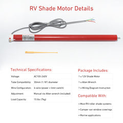 12V DC RV Shade Motor - 4-Wire Replacement Motor with Built-in Limit Switch - Adjustable via Allen Wrench - Fits 30mm Roller Blind Tubes - for RVs & Campers